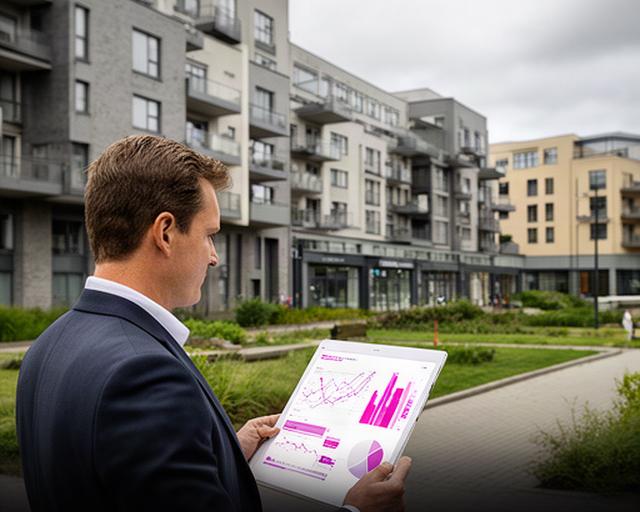 Rakvere linnapilt kortermajade ja äripindadega, esiplaanil rahavoo graafikut vaatav kinnisvarahaldur